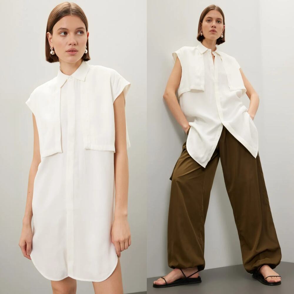 K.ngsley Nes Shirt Dress Cap Sleeve Collared Button Front Tunic Top White Medium